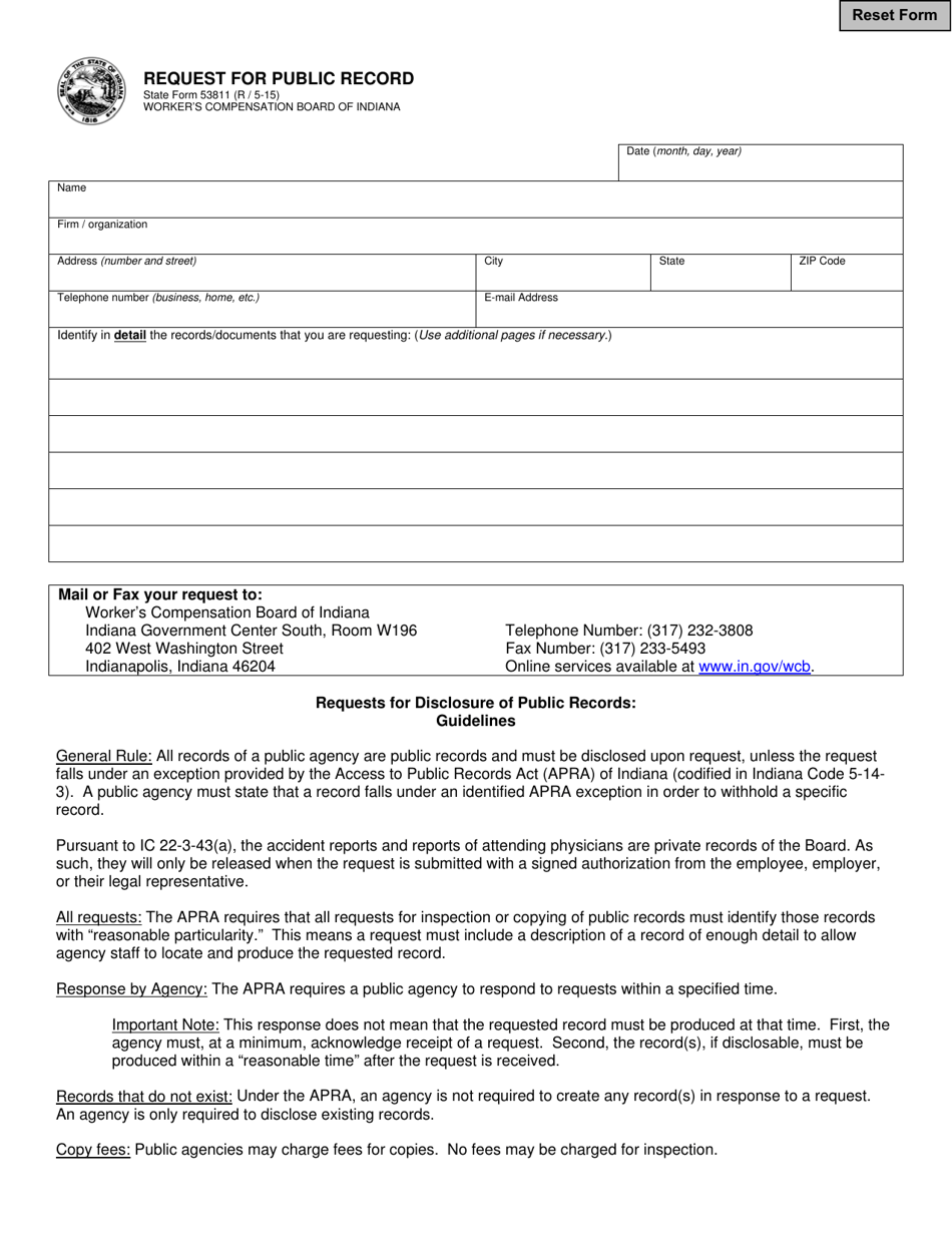 State Form 53811 Request for Public Record - Indiana, Page 1