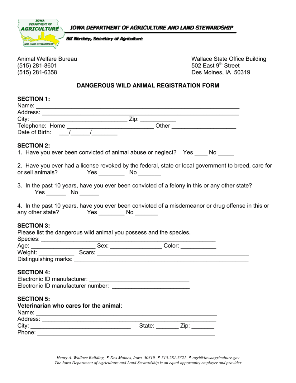 Dangerous Wild Animal Registration Form - Iowa, Page 1
