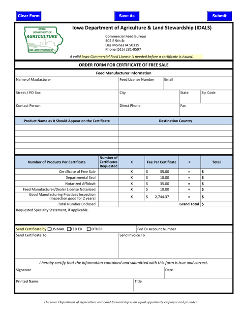 Order Form for Certificate of Free Sale - Iowa Download Pdf