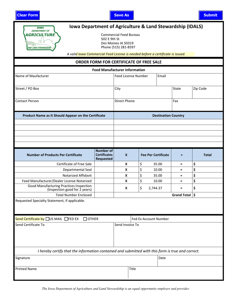 Order Form for Certificate of Free Sale - Iowa, Page 1