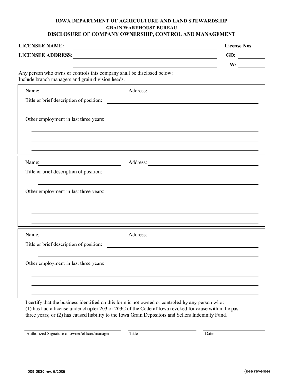 Form 009-0830 Disclosure of Company Ownership, Control, and Management - Iowa, Page 1