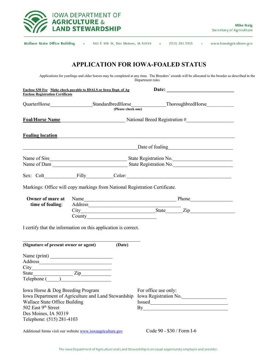 Form I-6 Application for Iowa-Foaled Status - Iowa, Page 1