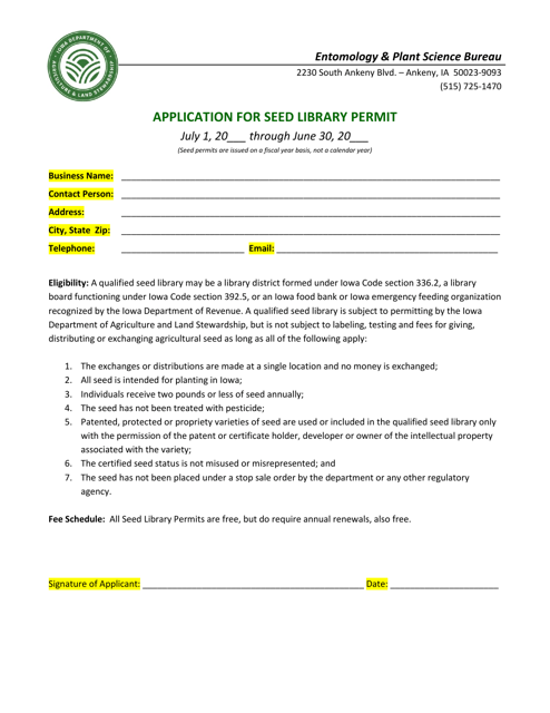 Application for Seed Library Permit - Iowa Download Pdf