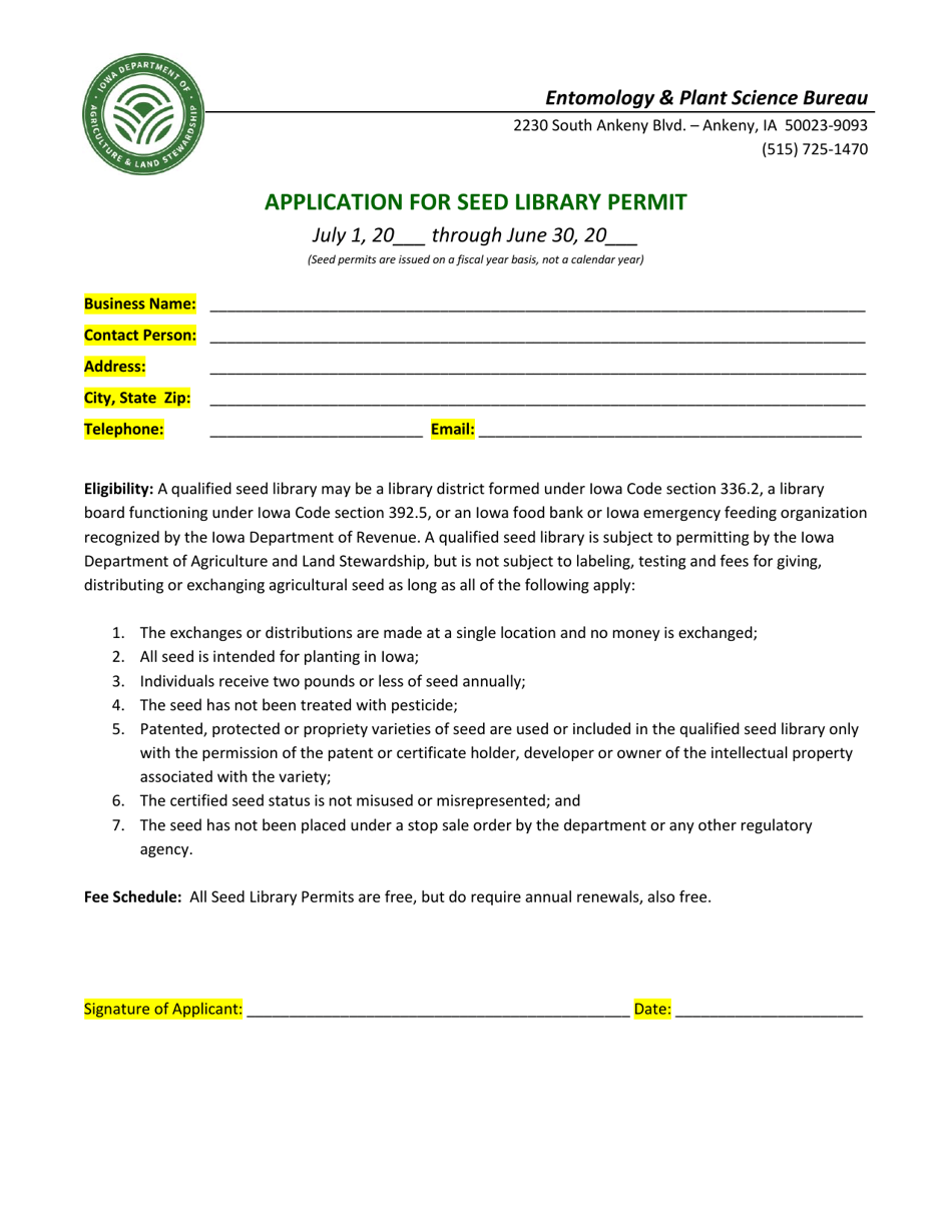 Application for Seed Library Permit - Iowa, Page 1