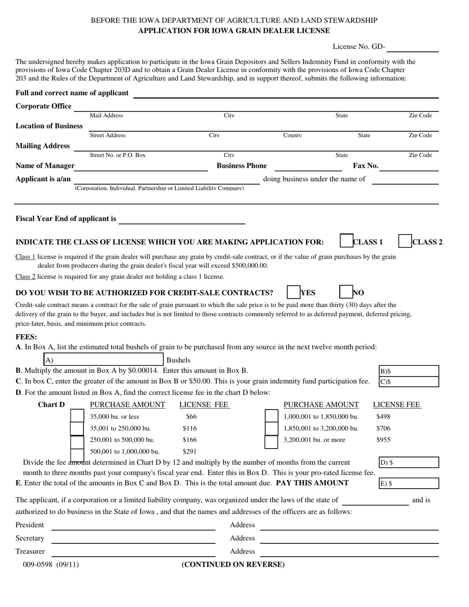 Form 009-0598 Application for Iowa Grain Dealer License - Iowa, Page 1