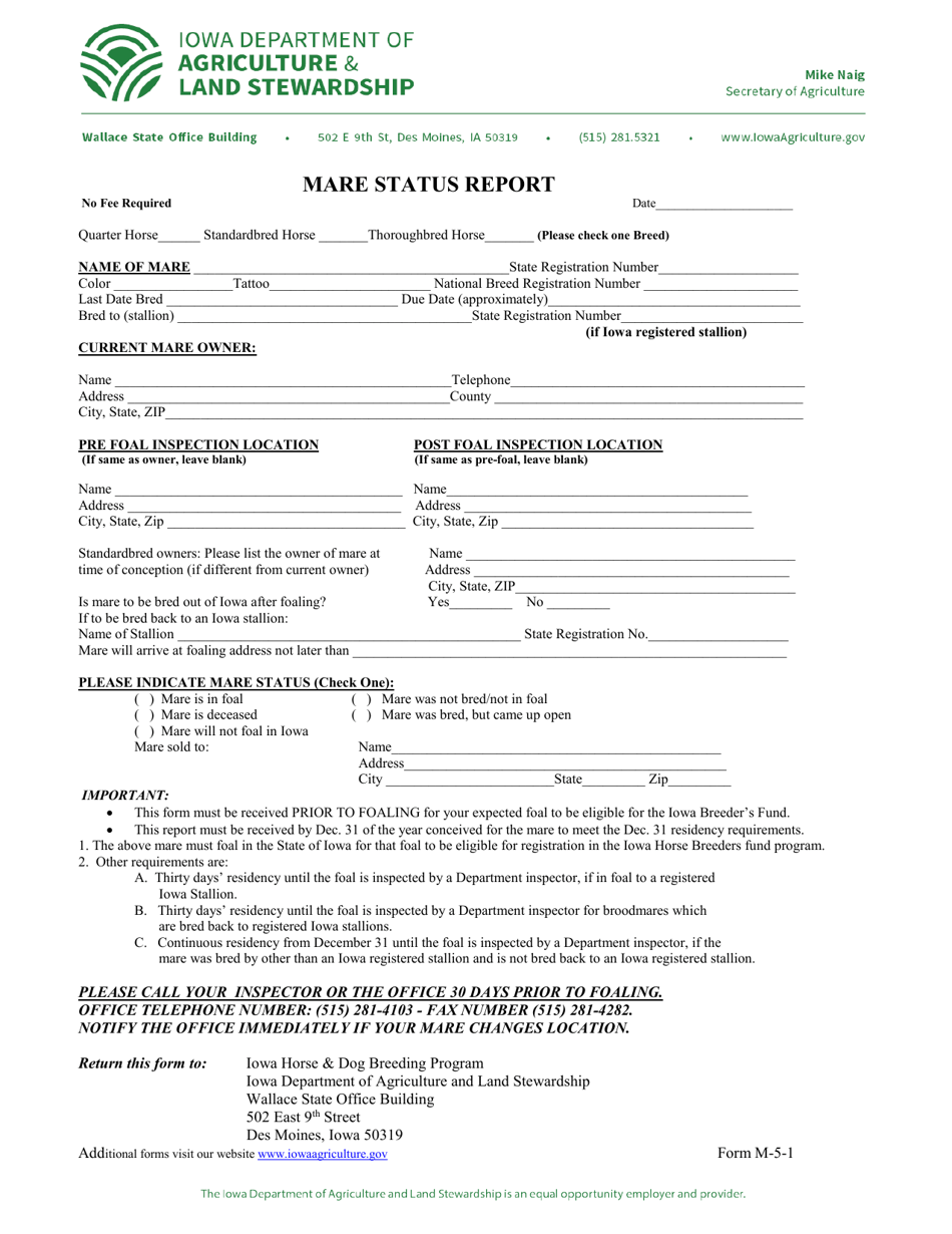 Form M-5-1 Mare Status Report - Iowa, Page 1