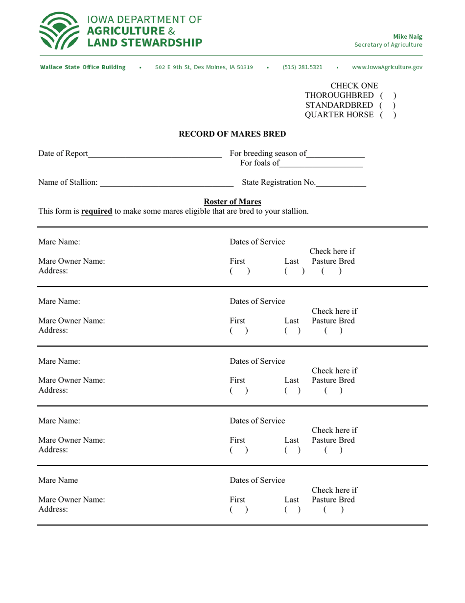 Form S-3 Record of Mares Bred - Iowa, Page 1