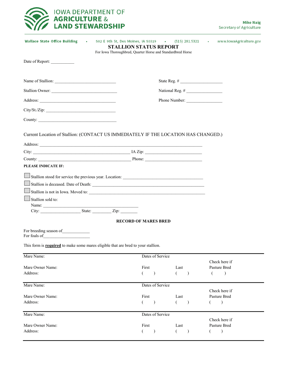 Form S-3 Stallion Status Report - Iowa, Page 1