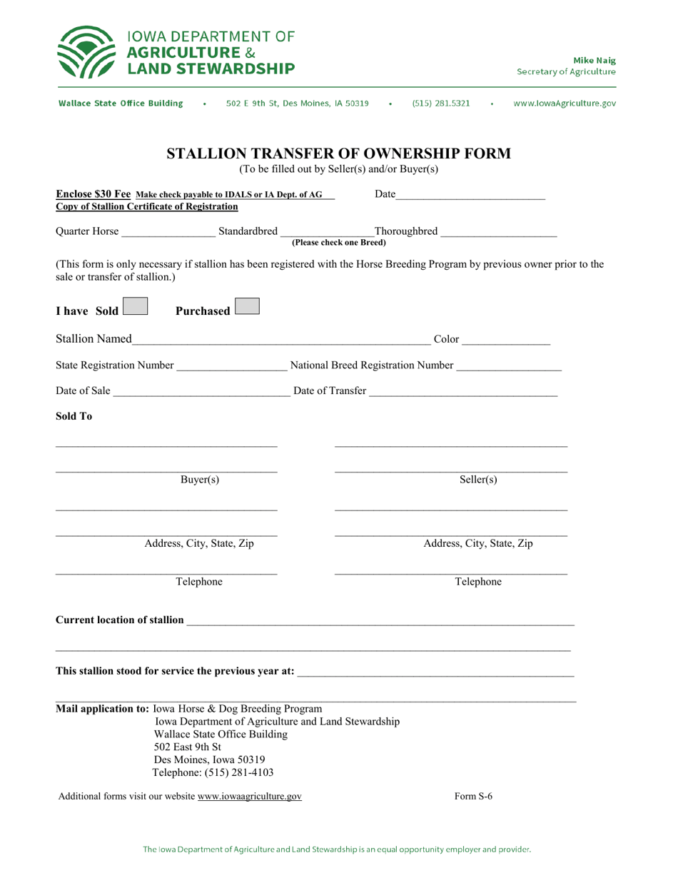 Form S-6 Stallion Transfer of Ownership Form - Iowa, Page 1