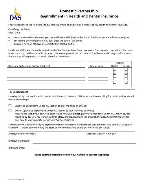 Form 552-0795 Domestic Partnership Reenrollment in Health and Dental Insurance - Iowa