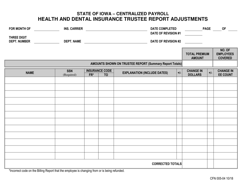 Form CFN005-04 Health and Dental Insurance Trustee Report Adjustments - Iowa