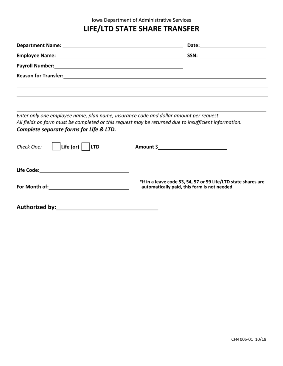 Form CFN005-01 Life / Ltd State Share Transfer - Iowa, Page 1