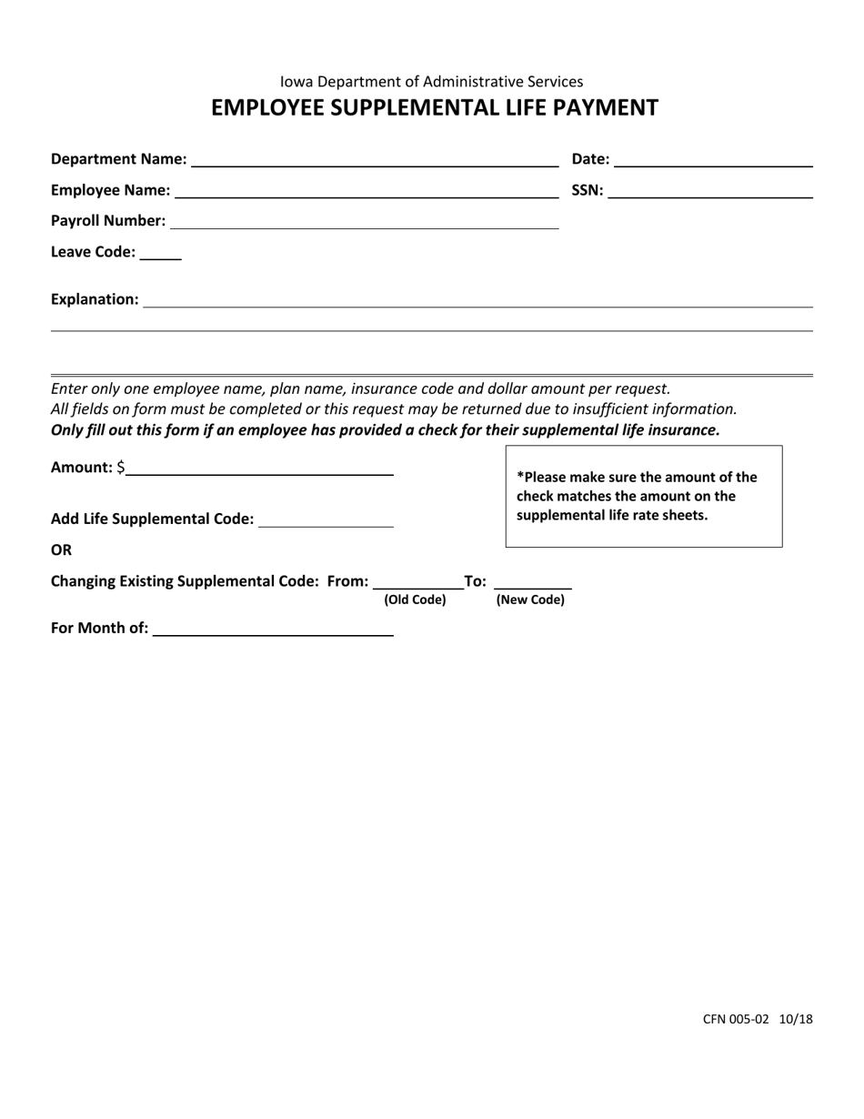 Form CFN005-02 Employee Supplemental Life Payment - Iowa, Page 1