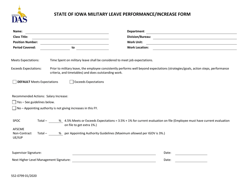 Form 552-0799 State of Iowa Military Leave Performance/Increase Form - Iowa
