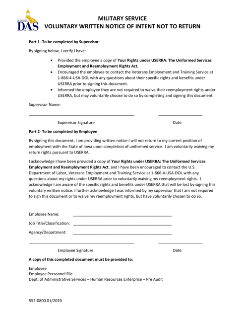 Form 552-0800 Military Service Voluntary Written Notice of Intent Not to Return - Iowa