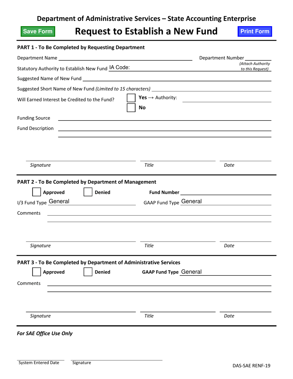 Form DAS-SAE RENF-19 Request to Establish a New Fund - Iowa, Page 1