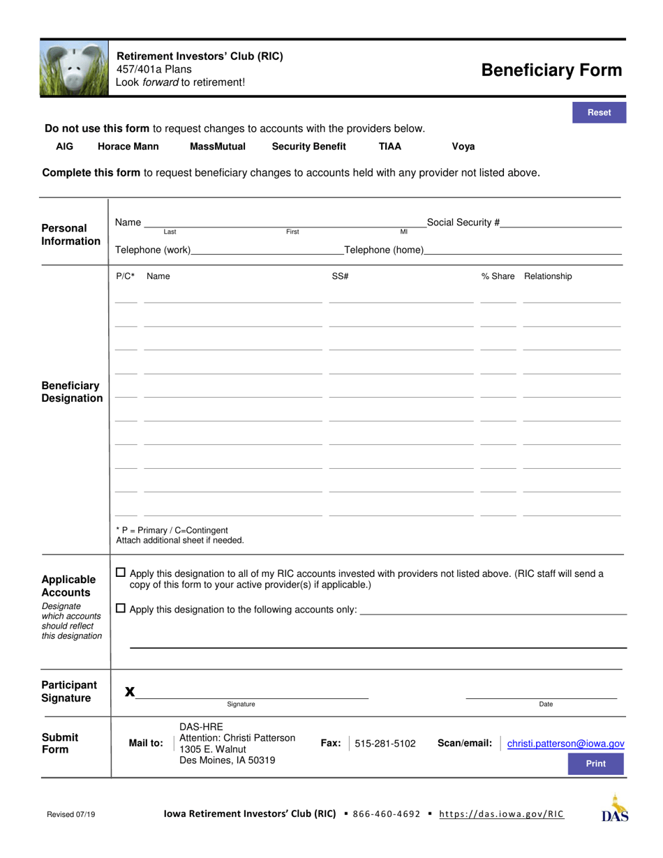 Beneficiary Form - Iowa, Page 1