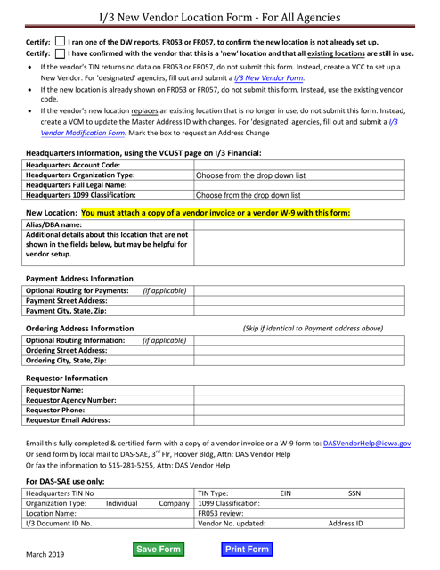 I / 3 New Vendor Location Form - for All Agencies - Iowa Download Pdf