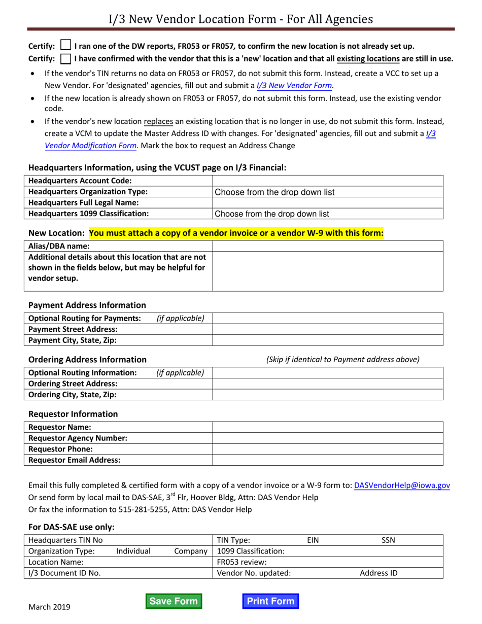 I / 3 New Vendor Location Form - for All Agencies - Iowa, Page 1
