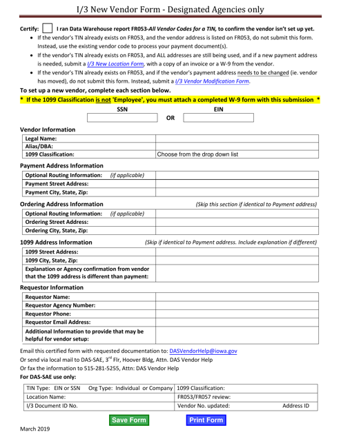 I / 3 New Vendor Form - Designated Agencies Only - Iowa Download Pdf