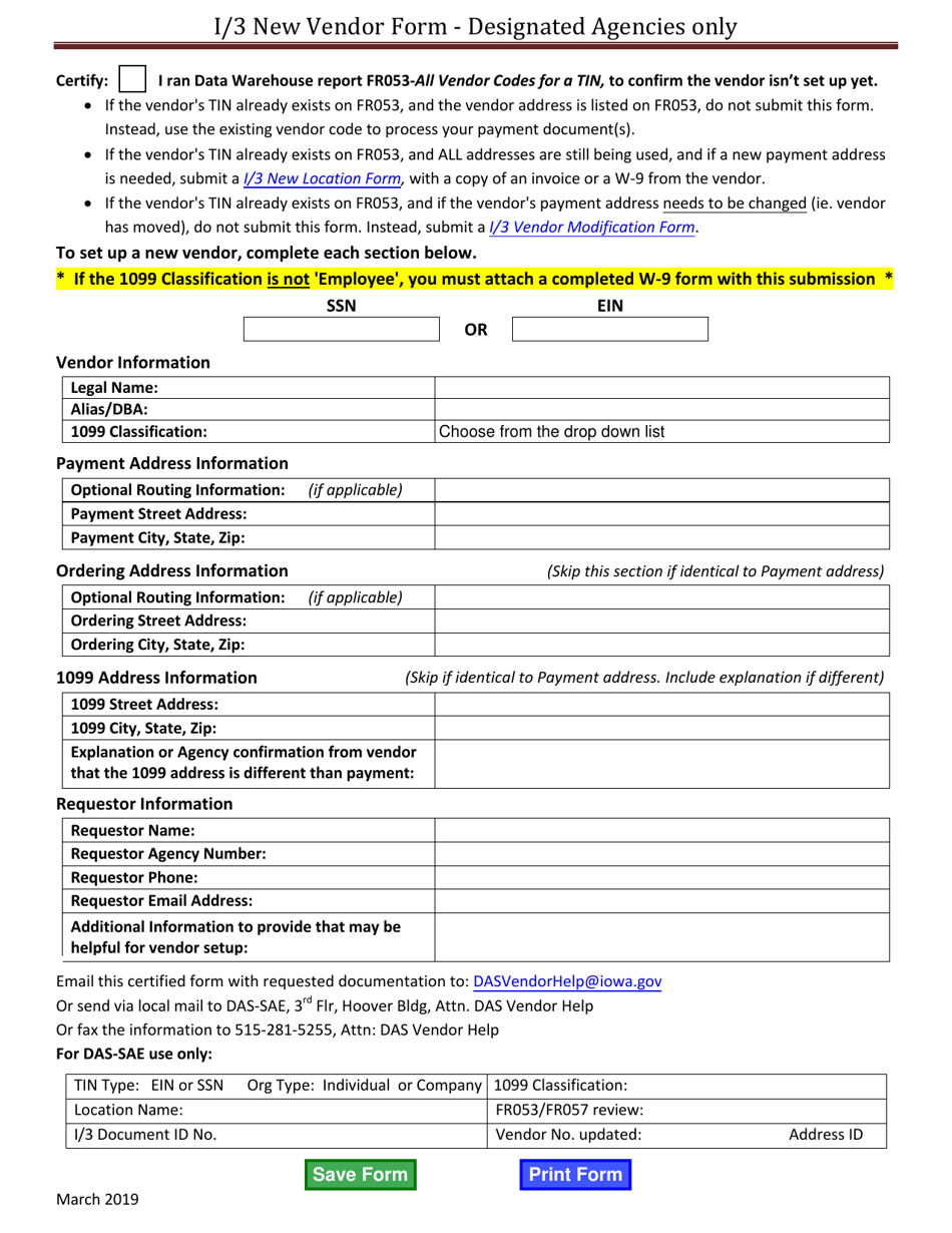 I / 3 New Vendor Form - Designated Agencies Only - Iowa, Page 1