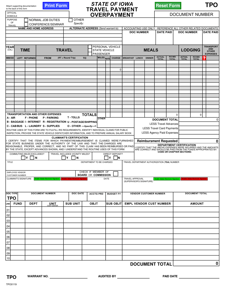 Form TPO Travel Payment - Overpayment - Iowa, Page 1