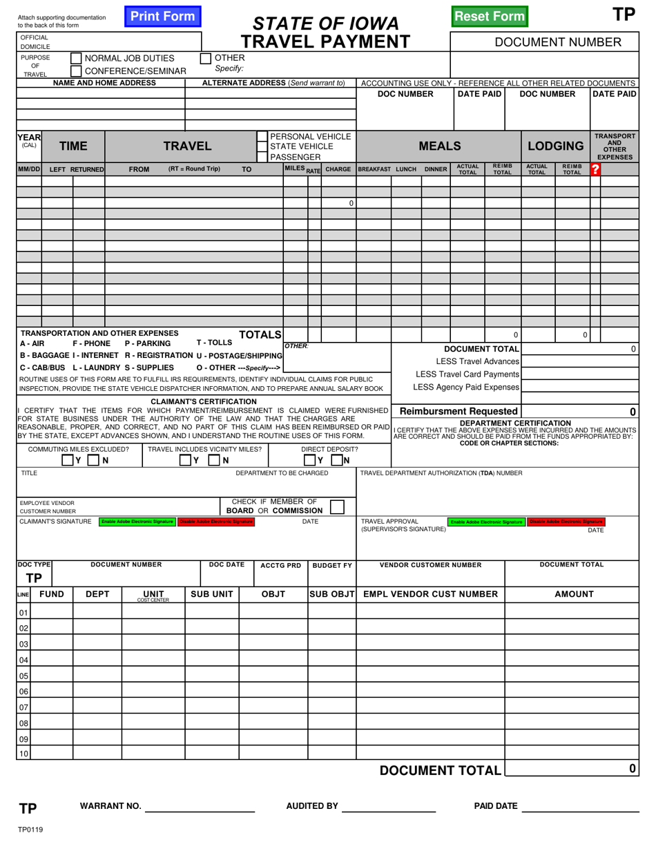 Form TP Travel Payment - Iowa, Page 1