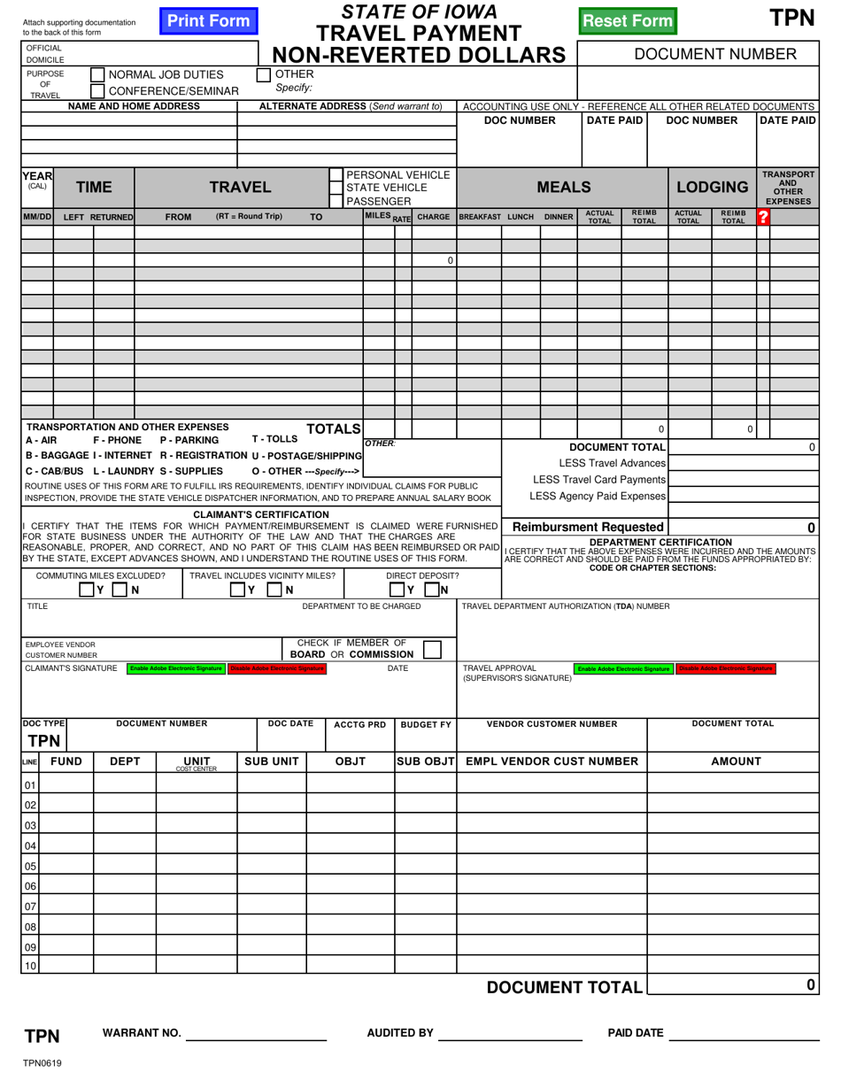 Form TPN Travel Payment - Non-reverted Dollars - Iowa, Page 1