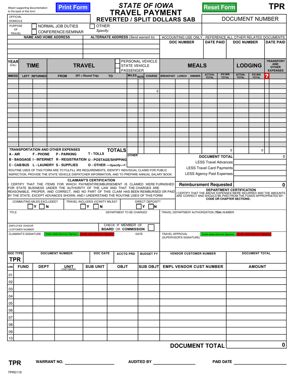 Form TPR Travel Payment - Reverted / Split Dollars Sab - Iowa, Page 1