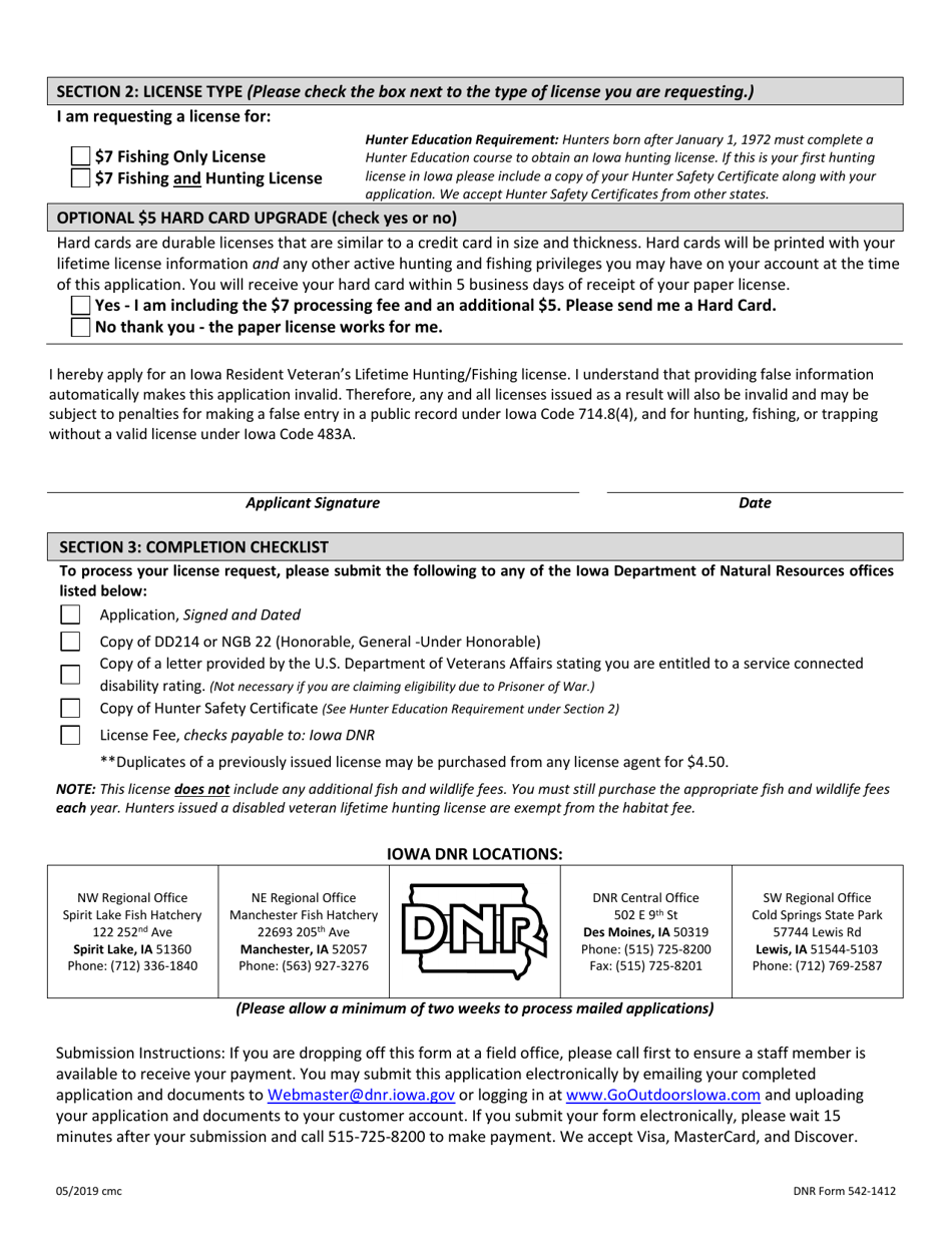 DNR Form 542-1412 Application for Iowa Lifetime Hunting / Fishing License for Resident, Disabled Veterans - Iowa, Page 2