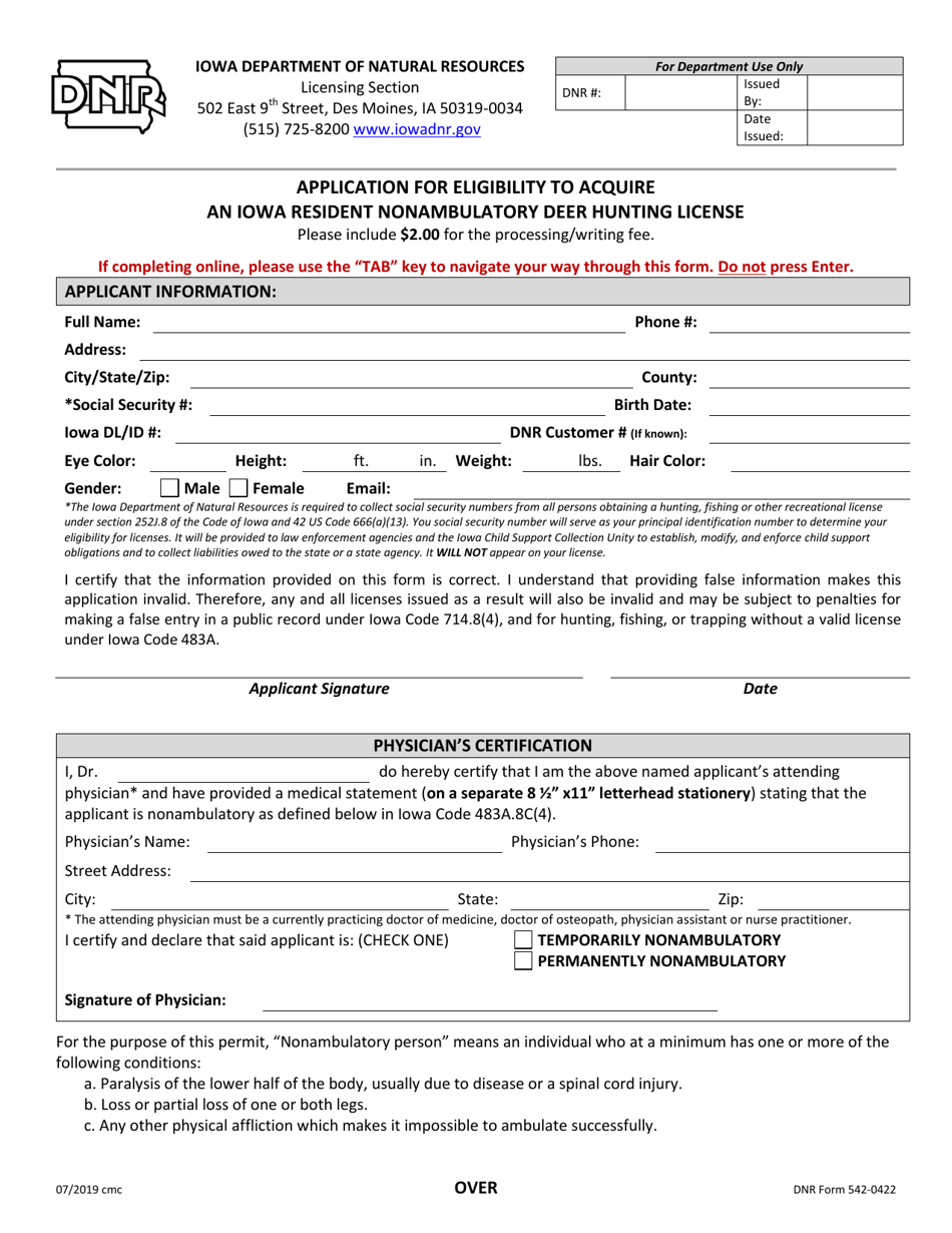 DNR Form 542-0422 Download Fillable PDF or Fill Online Application for ...