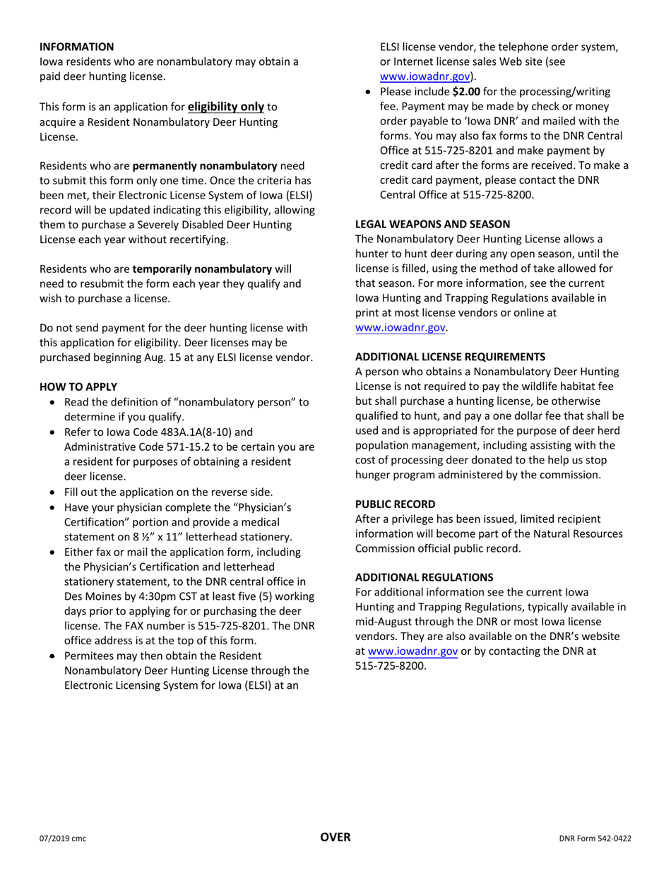 DNR Form 542-0422 Application for Eligibility to Acquire an Iowa Resident Nonambulatory Deer Hunting License - Iowa, Page 2