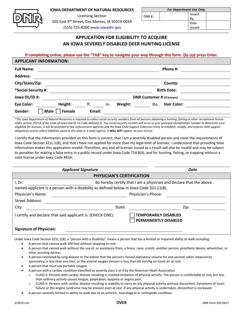 DNR Form 542 0417 Download Fillable PDF Or Fill Online Application For 
