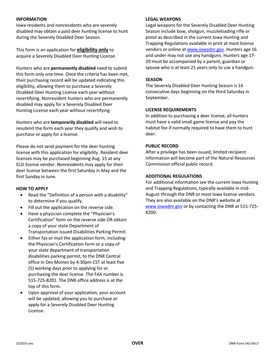 DNR Form 542-0417 Application for Eligibility to Acquire an Iowa Severely Disabled Deer Hunting License - Iowa, Page 2