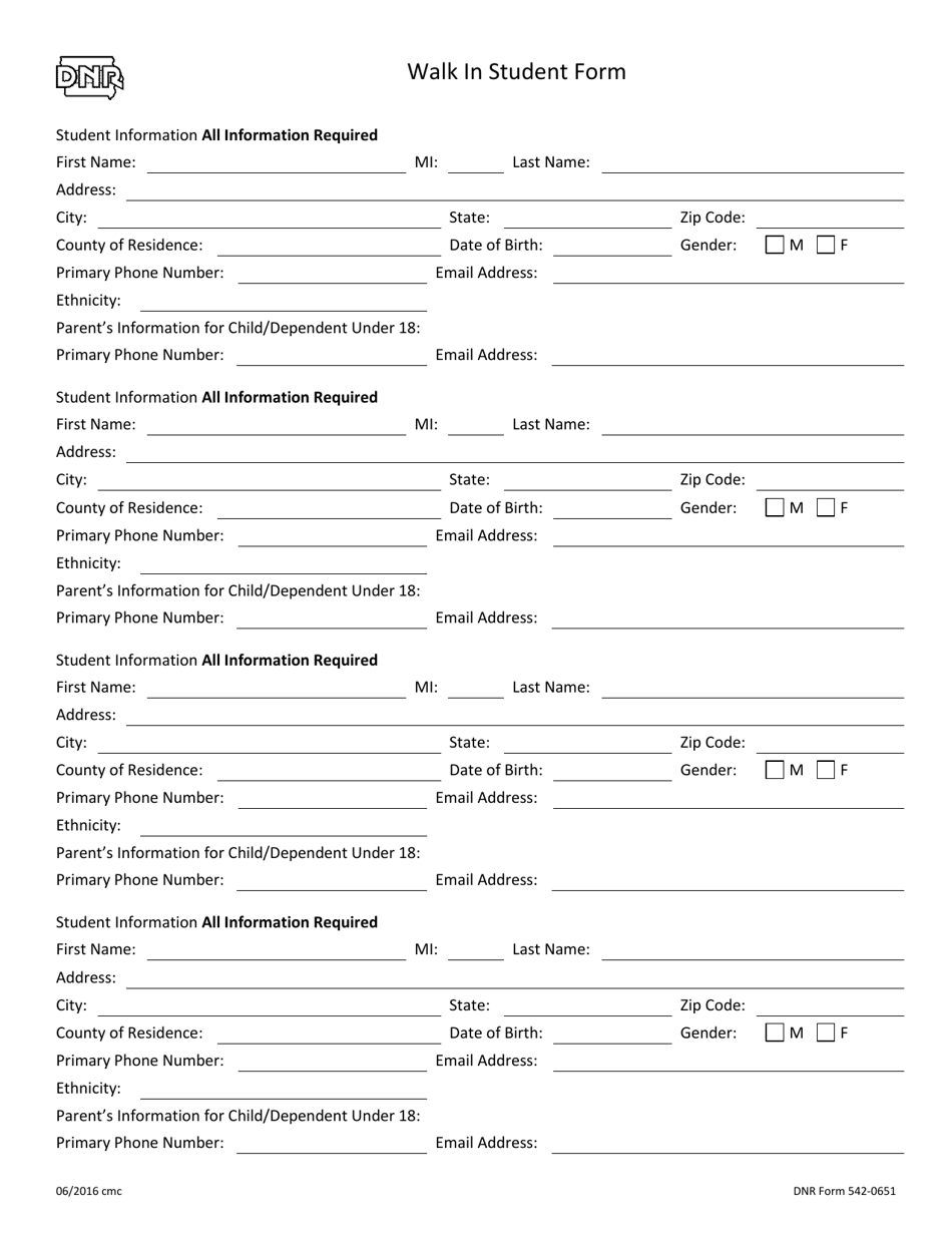 DNR Form 542-0651 Walk in Student Form - Iowa, Page 1