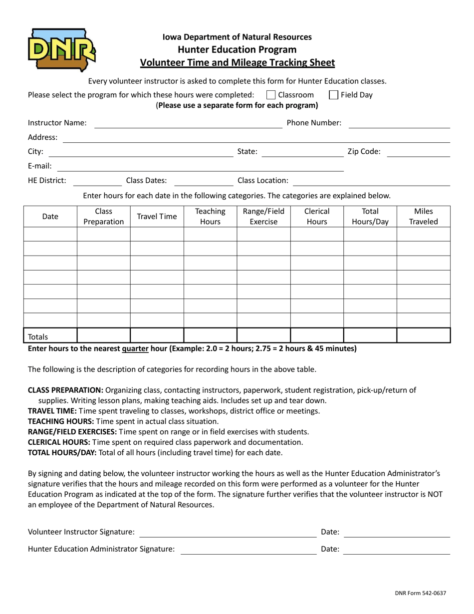 DNR Form 542-0637 Volunteer Time and Mileage Tracking Sheet - Iowa, Page 1