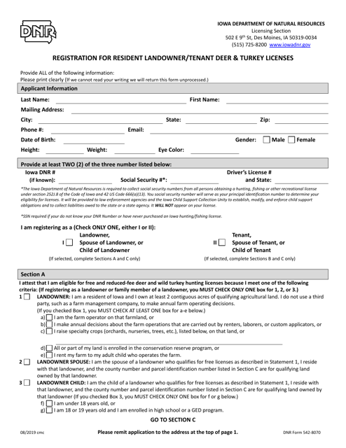 DNR Form 542-8070 Registration for Resident Landowner/Tenant Deer & Turkey Licenses - Iowa