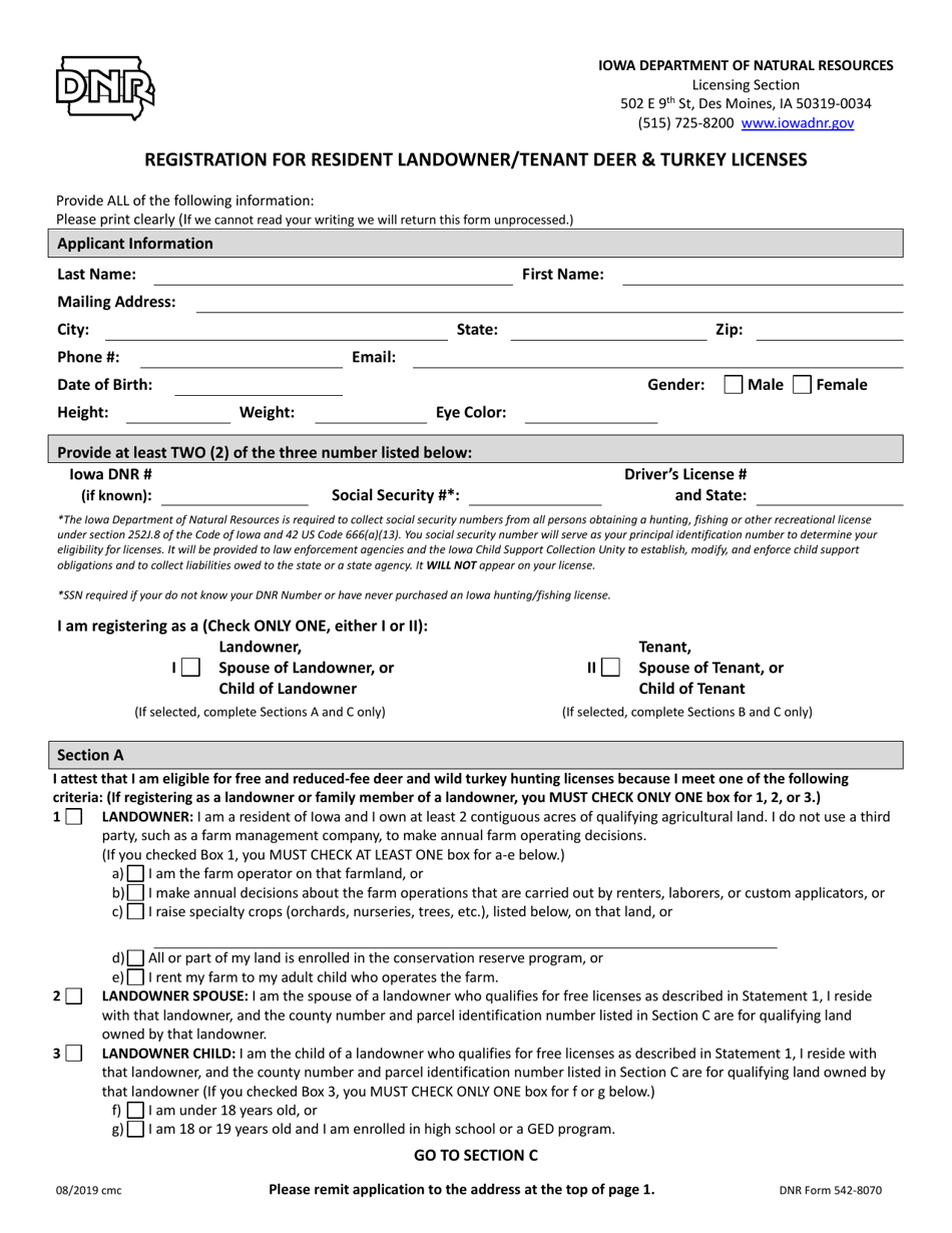 DNR Form 542-8070 Registration for Resident Landowner / Tenant Deer  Turkey Licenses - Iowa, Page 1