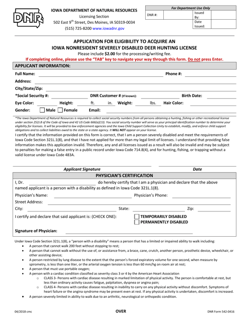 DNR Form 542-0416 Application for Eligibility to Acquire an Iowa Nonresident Severely Disabled Deer Hunting License - Iowa