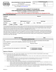 DNR Form 542-0416 Application for Eligibility to Acquire an Iowa Nonresident Severely Disabled Deer Hunting License - Iowa