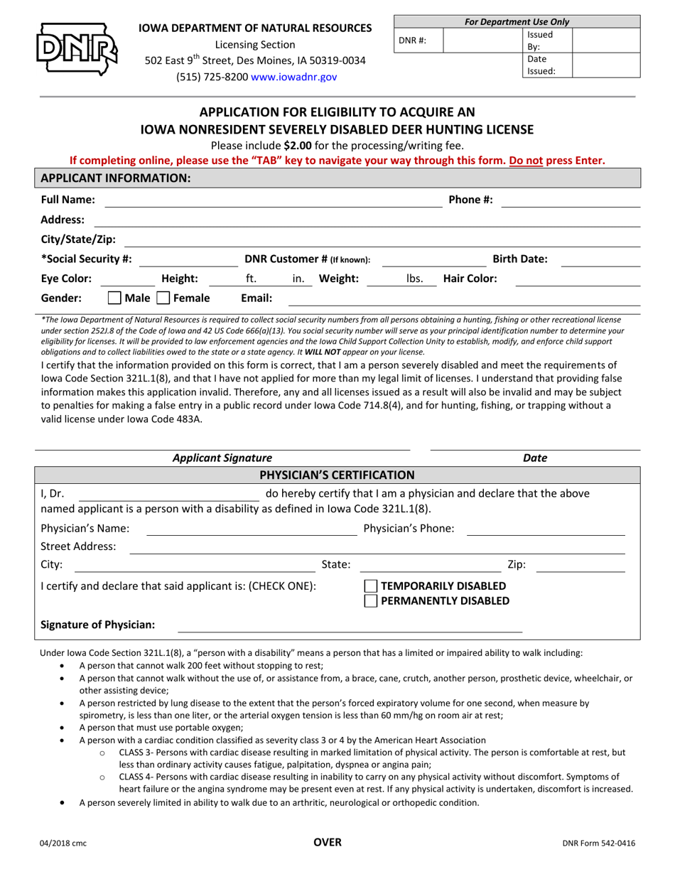 DNR Form 542-0416 Application for Eligibility to Acquire an Iowa Nonresident Severely Disabled Deer Hunting License - Iowa, Page 1