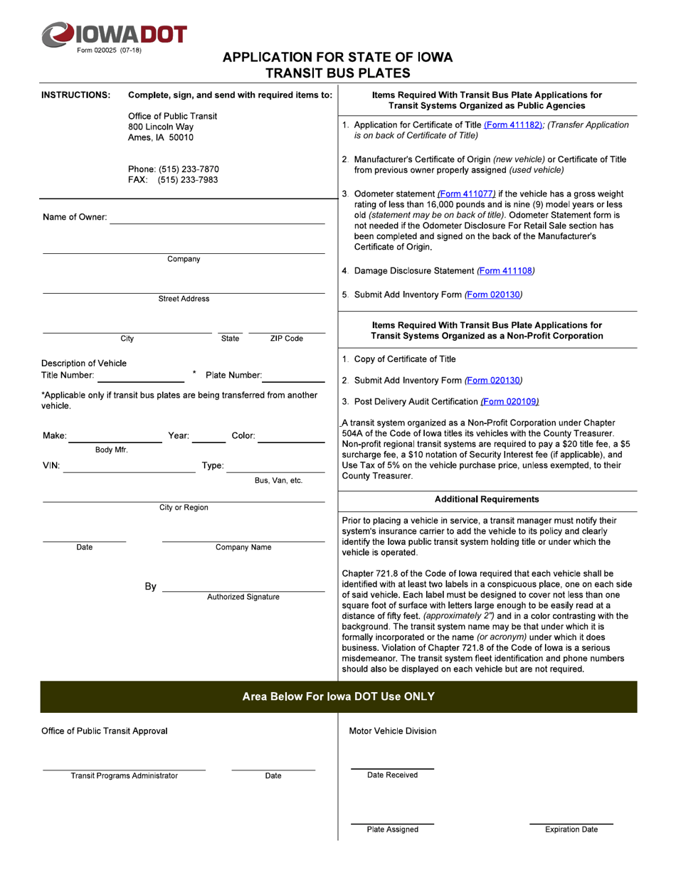Form 020025 Application for State of Iowa Transit Bus Plates - Iowa, Page 1