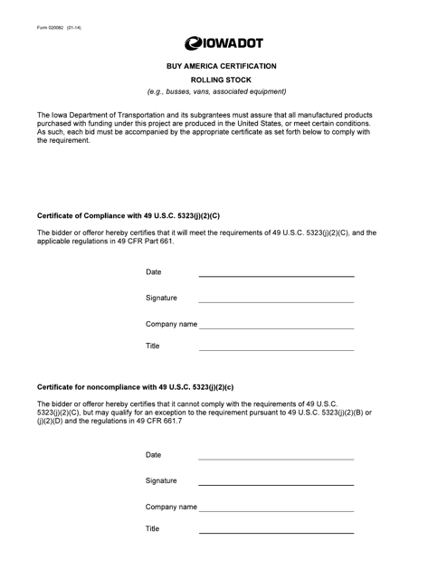 Form 020082 Buy America Certification-Rolling Stock - Iowa