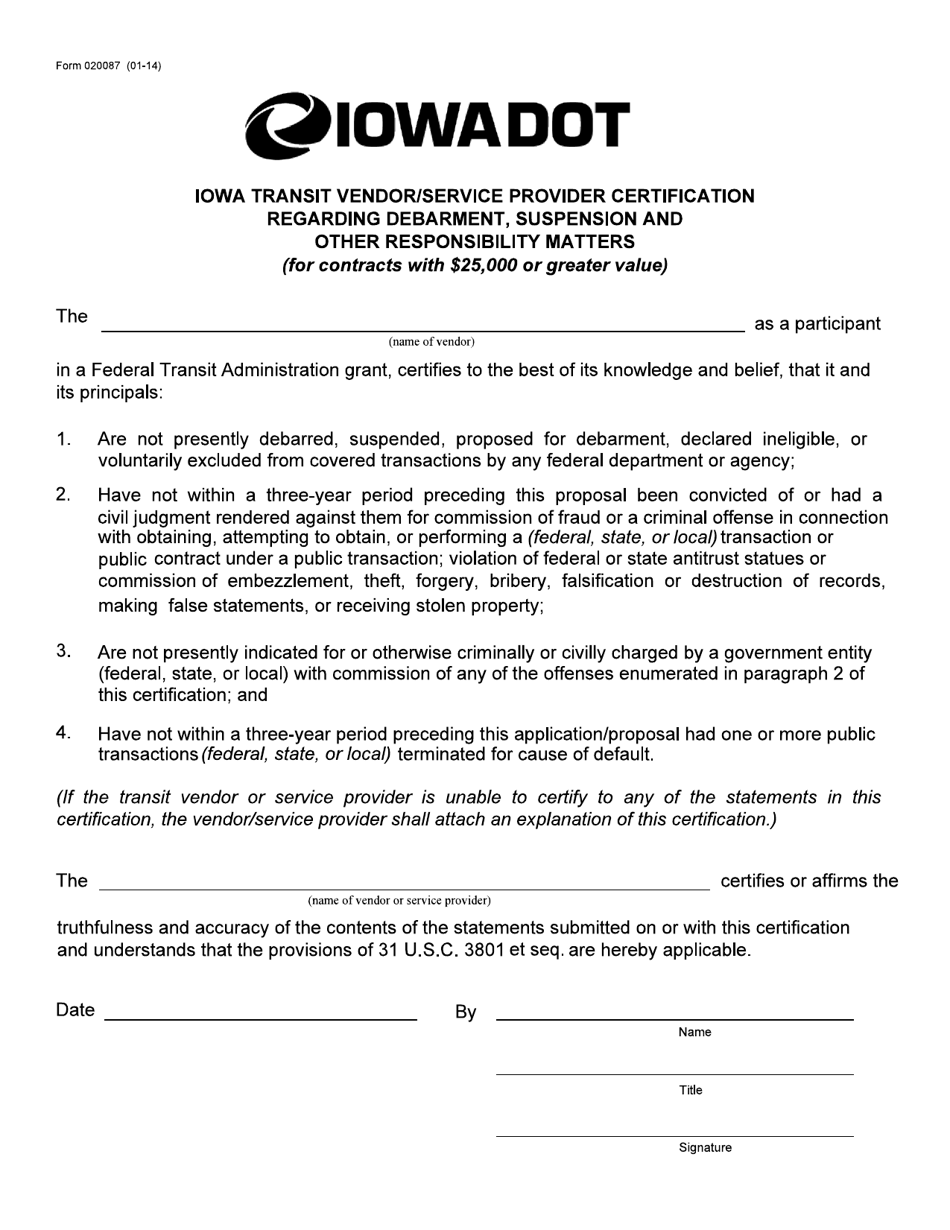 Form 020087 Iowa Transit Vendor/Service Provider Certification Regarding Debarment, Suspension and Other Responsibility Matters (For Contracts With $25k or Greater Value) - Iowa, Page 1