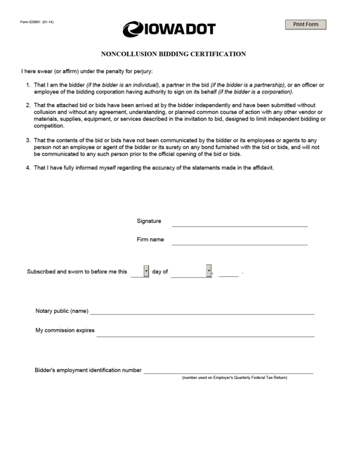 Form 020081 Non-collusion Bidding Certification - Iowa