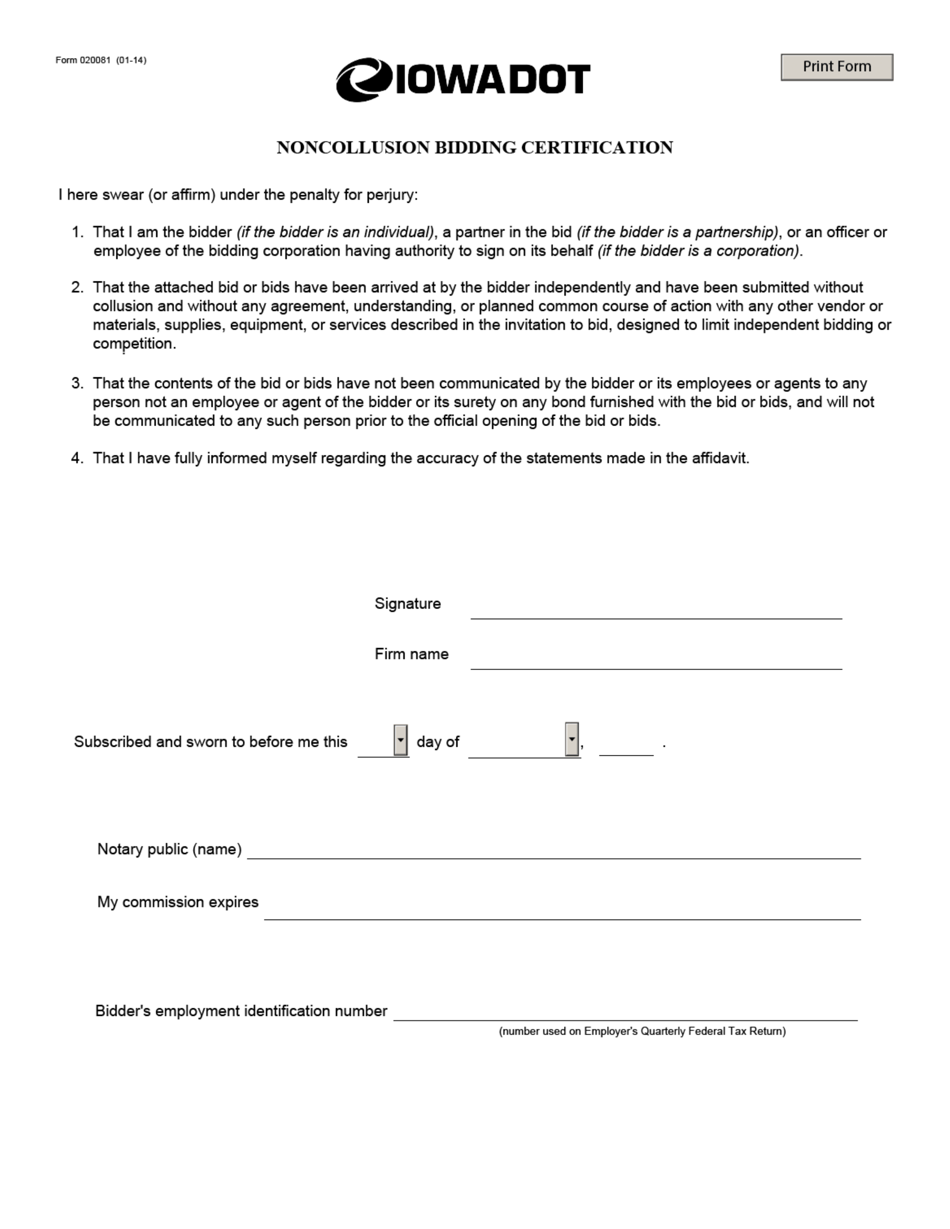 Form 020081 Non-collusion Bidding Certification - Iowa, Page 1