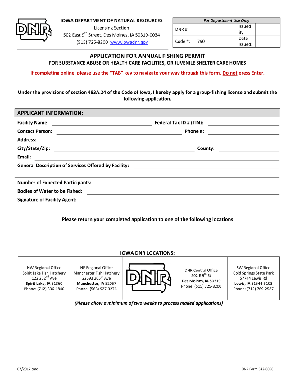 DNR Form 542-8058 Application for Annual Fishing Permit for Substance Abuse or Health Care Facilities, or Juvenile Shelter Care Homes - Iowa, Page 1