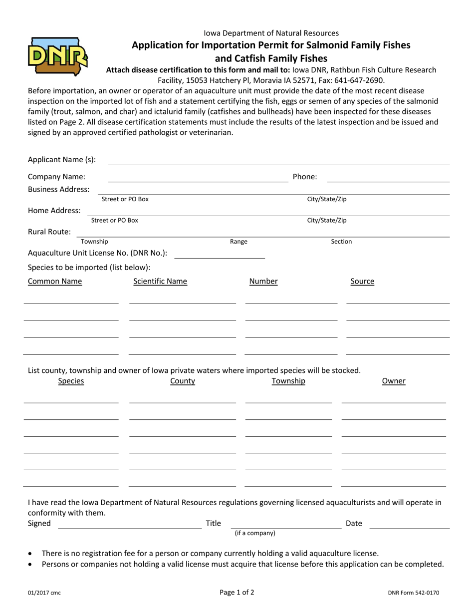 DNR Form 542-0170 Application for Importation Permit for Salmonid Family Fishes and Catfish Family Fishes - Iowa, Page 1
