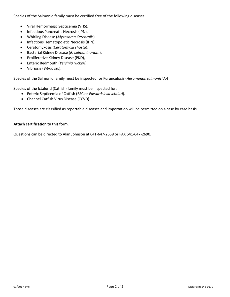 DNR Form 542-0170 Application for Importation Permit for Salmonid Family Fishes and Catfish Family Fishes - Iowa, Page 2