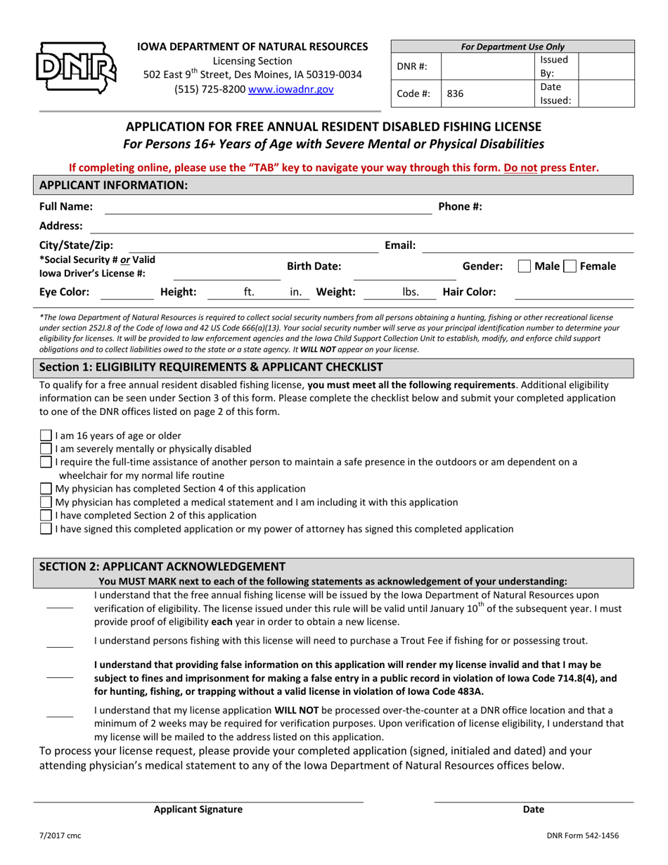 DNR Form 542-1456 Download Fillable PDF or Fill Online Application for